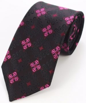 Kravatová sada - kravata + manžetové gombíky + vreckovka s ružovým vzorom