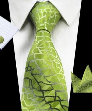 Kravatová sada - kravata + manžetové gombíky + vreckovka so zeleným vzorom