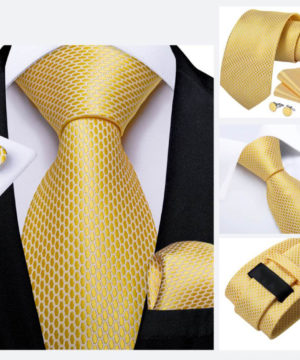 Kravatový set - kravata, manžetové gombíky a vreckovka so žltým vzorom