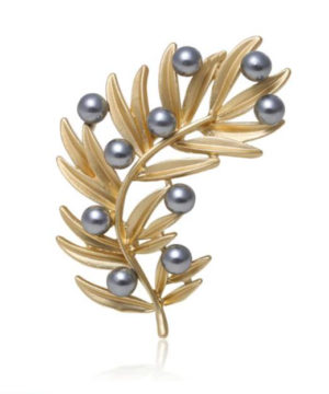 Luxusná brošňa v tvare zlatej vetvičky s perličkami