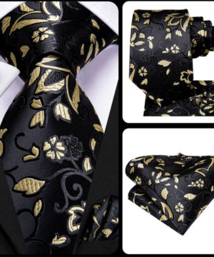 Štýlová kravatová sada v čiernej farbe so zlatými kvietkami