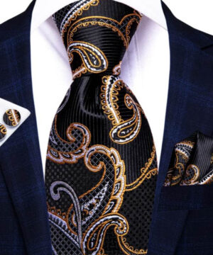 Kravatová sada so zlatým ornamentom ( kravata + manžety + vreckovka )