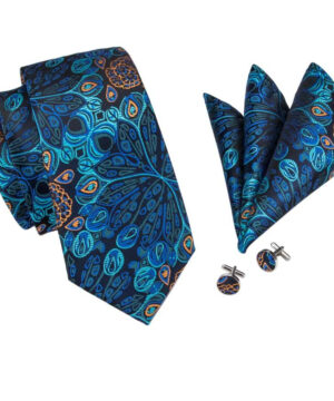 Modrá vzorovaná kravatová sada - viazanka, vreckovka a gombíky